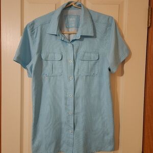 Cabelas Women's Short Sleeve Button Front Shirt UPF 30 Blue White Gingham Size L